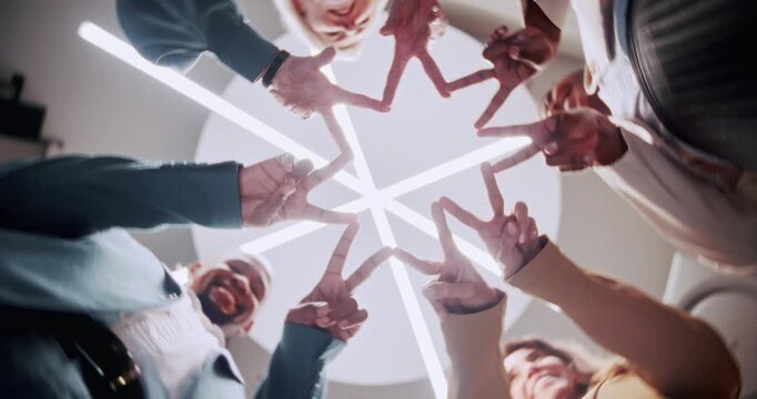 Business people, hands and star with unity for teamwork or collaboration together below in office. Low angle, group or employees with symbol or sign for social cohesion or inclusion in workplace
