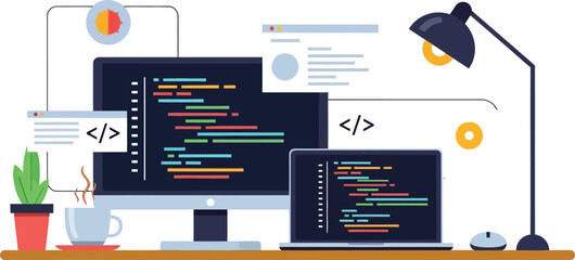 A vibrant illustration of coding and development tools including laptops and a desk lamp on transparent background silhouette high quality professional