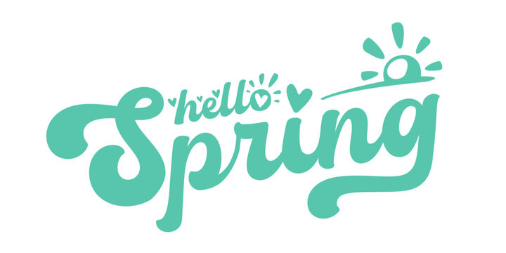 Hello Spring mint green lettering with sun icon, minimalist retro typography for seasonal greeting isolated on white. Hello spring green logo doodle style hand drawn