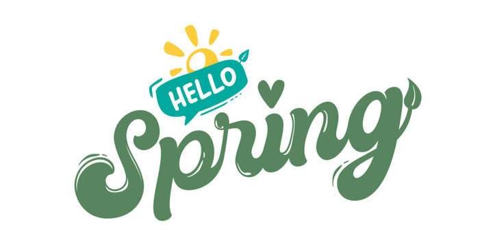 Hello Spring mint green lettering with sun icon, minimalist retro typography for seasonal greeting isolated on white. Hello spring green logo doodle style hand drawn