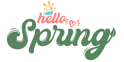 Hello Spring mint green lettering with sun icon, minimalist retro typography for seasonal greeting isolated on white. Hello spring green logo doodle style hand drawn © zmiter