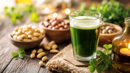 Green cleansing juice with healthy nuts and seeds, promoting detox, natural wellness, and organic nutrition