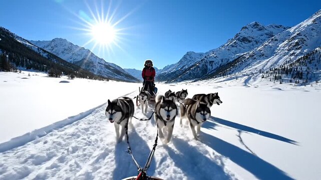 Sled dogs race snowy valley.