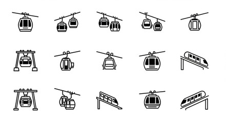 Collection of various cable cars and train illustrations in a line art style. © Dolar