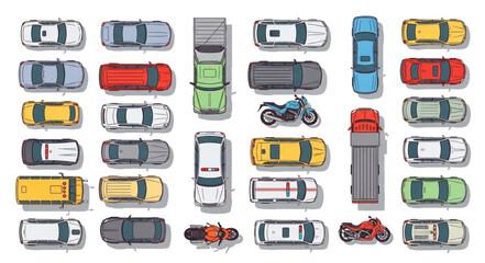 Overhead view of various vehicles including cars, trucks, and motorcycles, arranged closely together.