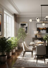 Fototapeta premium Elegant Dining Room Interior with Lush Plants and Natural Light