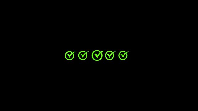 Five green checkmarks in a row on a black background with varying shades of green check mark checklist