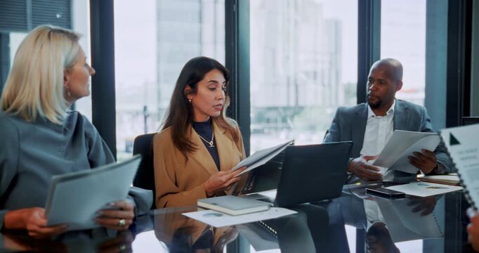 Paperwork, business people or talk with team, accounting strategy or meeting for audit in office. Document, planning or manager in company for financial budget, proposal or pitch idea for bookkeeping