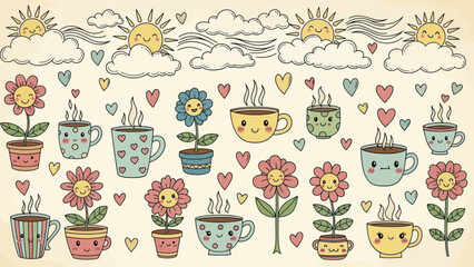 Cute Cartoon Cups and Flowers with Smiling Faces.