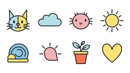 Cute cartoon icons set featuring a cat cloud sun snail plant and heart. © Yuni