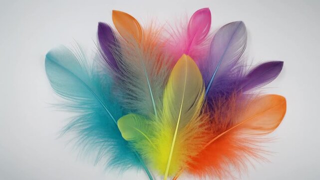 Collection of vibrant feathers arranged in fan-like pattern against light background, colors include teal, orange, yellow, pink, purple, and blue, delicate texture with fine barbs and central shafts.