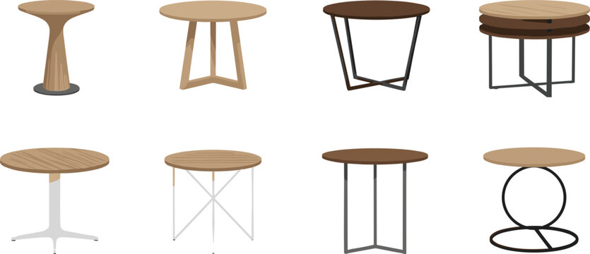 Round coffee table vector set with modern wooden and metal furniture for living room interior minimalist home decor design.