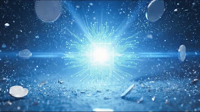 Innovation ai and crypto drives digital web3 technology as electric energy surges through coins and circuit board, creating futuristic dynamic