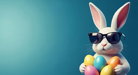 Easter sunday celebration with jesus christ and a cool bunny holding colorful eggs