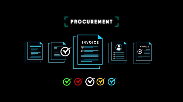 Procurement process with documents and checkmarks on black background Keywords: procurement, business, document, invoice, checklist, paperwork, contract, agreement, order, purchase, management