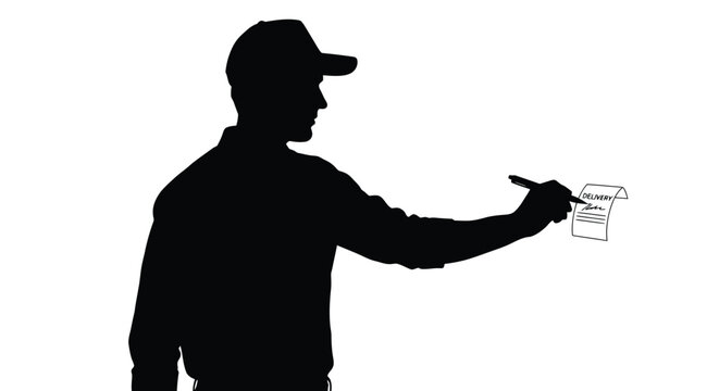 Delivery man signing a delivery note with a pen in his hand