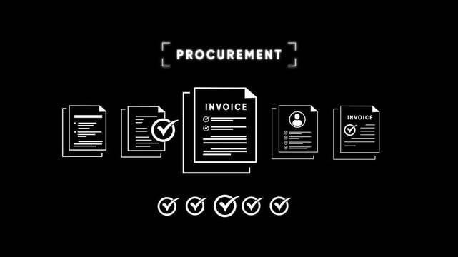 Procurement process with documents and checkmarks on black background Keywords: procurement, business, document, invoice, checklist, paperwork, contract, agreement, order, purchase, management