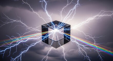 Fototapeta premium Dynamic Cube Surrounded by Lightning and Colorful Rainbows