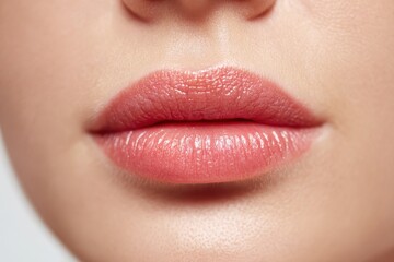 Obraz premium Young woman wearing light fresh lip make up. Slightly opening mouth. Plump lips pink natural makeup. Part of female face. Extreme Close up of shiny lips. Beautiful Perfect Lips, skin. Lip augmentation