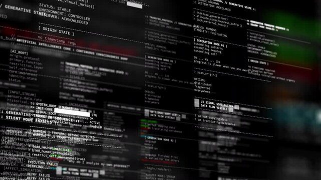 Futuristic terminal style UI overlay displaying fictional artificial intelligence system logs, diagnostics, and boot sequence. Sci-fi HUD interface video overlay template for compositing and editing u