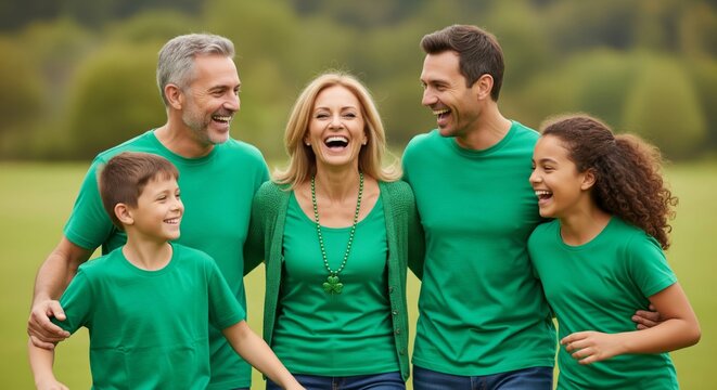 Laughing Family Wearing Green Clothes in Park Landscape Background