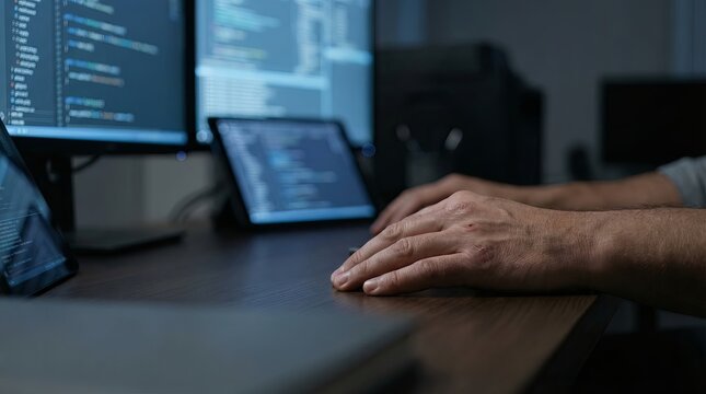 Focused programmer typing code on multiple computer screens in a dimly lit room.