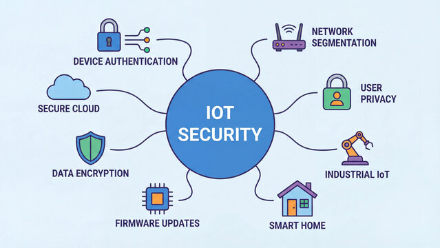 IoT Security technology concept mind map infographic with device authentication secure cloud data encryption firmware updates smart home network segmentation industrial IoT and user privacy icons
