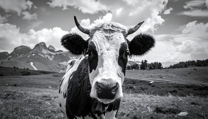 Black and White Portrait of a Cow in a Mountain Meadow.