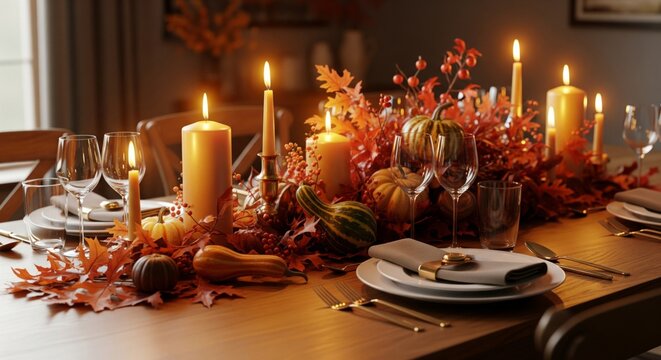 Festive Fall Table Setting with Orange Leaves and Candles