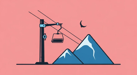 Ski lift ascending mountain peaks with a bird flying in the sky. © Dolar