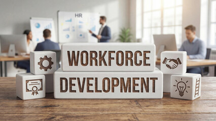 Obraz premium Workforce Development engraved wooden blocks with gear handshake certificate and lightbulb icons in HR training office environment for employee skill growth and organizational learning