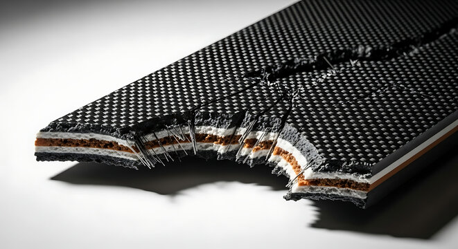 Close-up advanced multi-layered composite material cross-section, revealing intricate interwoven fiber structure and robust composition for high-performance engineering