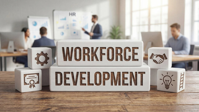 Workforce Development engraved wooden blocks with gear handshake certificate and lightbulb icons in HR training office environment for employee skill growth and organizational learning