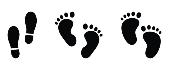 Fototapeta premium Black and white footprint icon and silhouette design elements, used to Represent orthopedics, foot pain, trauma services and signifying foot care products. Vector illustration.