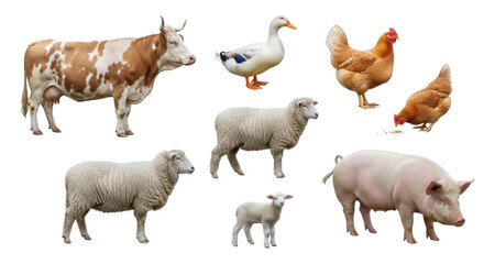 Fototapeta premium Farm animals collection with cow, goose, chickens, sheep, lamb, and pig on white background