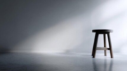Naklejka premium Small wooden stool in an empty room with a gray wall and floor. the stool is made of dark wood and has a round seat and four legs.