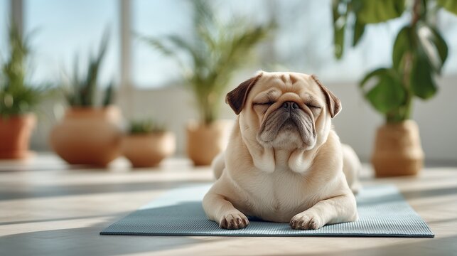 Pug Dog Lying on Yoga Mat in Sunlit Living Room with Houseplants, Pet Wellness and Home Fitness Concept, Calm Morning Routine Lifestyle Theme
