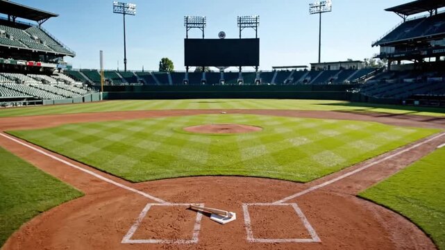 Bat and ball on home plate at baseball field during bright sunny day
