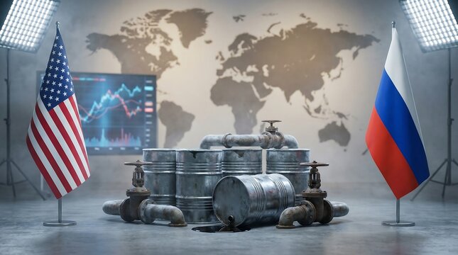 A tense geopolitical scene featuring american and russian flags with a nuclear theme.