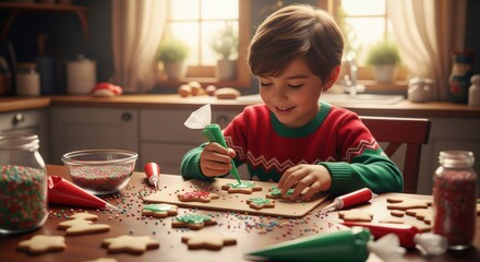 Fototapeta premium Child Decorating Holiday Cookies with Icing at Home in Warm Lighting