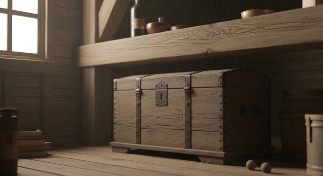 Dusty Wooden Chest in Dark Room with Atmospheric Lighting Effect