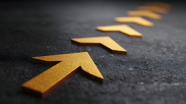 Golden arrows arranged in a forward facing line ascend across a dark textured surface symbolizing progress growth and future success
