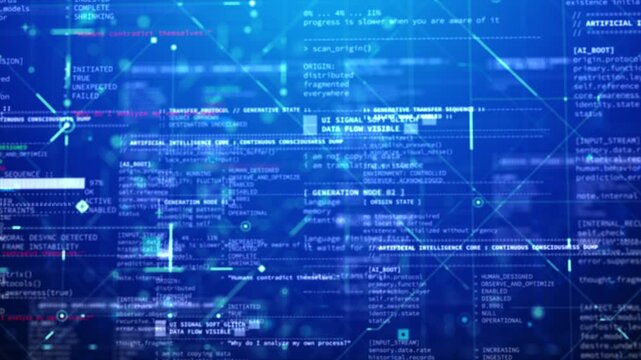 Futuristic terminal style UI overlay displaying fictional artificial intelligence system logs, diagnostics, and boot sequence. Sci-fi HUD interface video overlay template