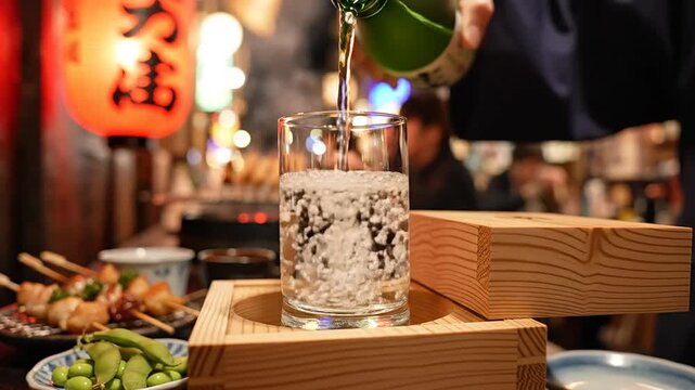 A hand pouring traditional japanese sake into a glass cup at an authentic izakaya bar, capturing a vibrant nightlife experience.