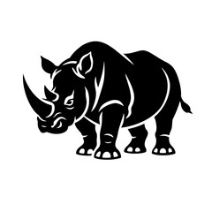 Obraz premium Striking Rhinoceros Silhouette Vector Art - A Powerful Black and White Graphic Design Featuring a Wild African Beast with a Prominent Horn, Perfect for Logos, T-Shirts, Merchandise, and Wildlife Conse