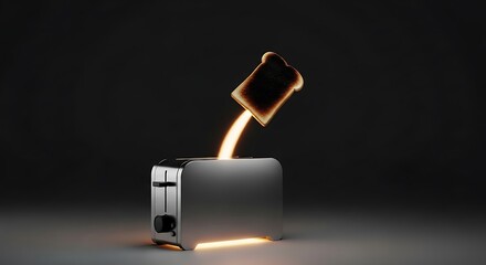 Fototapeta premium Burnt toast popping out of silver toaster with flames burning toast