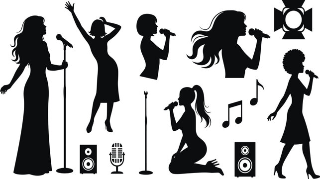 Female singer silhouette vector set with microphone stage poses and music performance elements for concert entertainment and vocal show design.