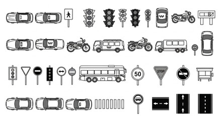 Collection of various transportation vehicles and road signs in black and white. © Dolar