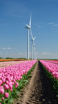 Vertical 9:16 shot featuring a wind turbine behind a vibrant field of tulips. Focus on a wind turbine in the background. Sustainable technology and Dutch spring nature concept for social media.
