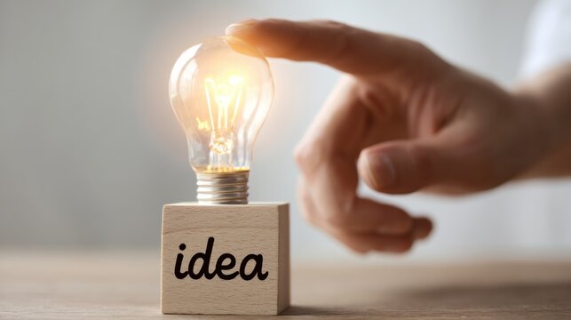 Hand touching a glowing light bulb on a wooden block with the word idea, symbolizing innovation and creativity.